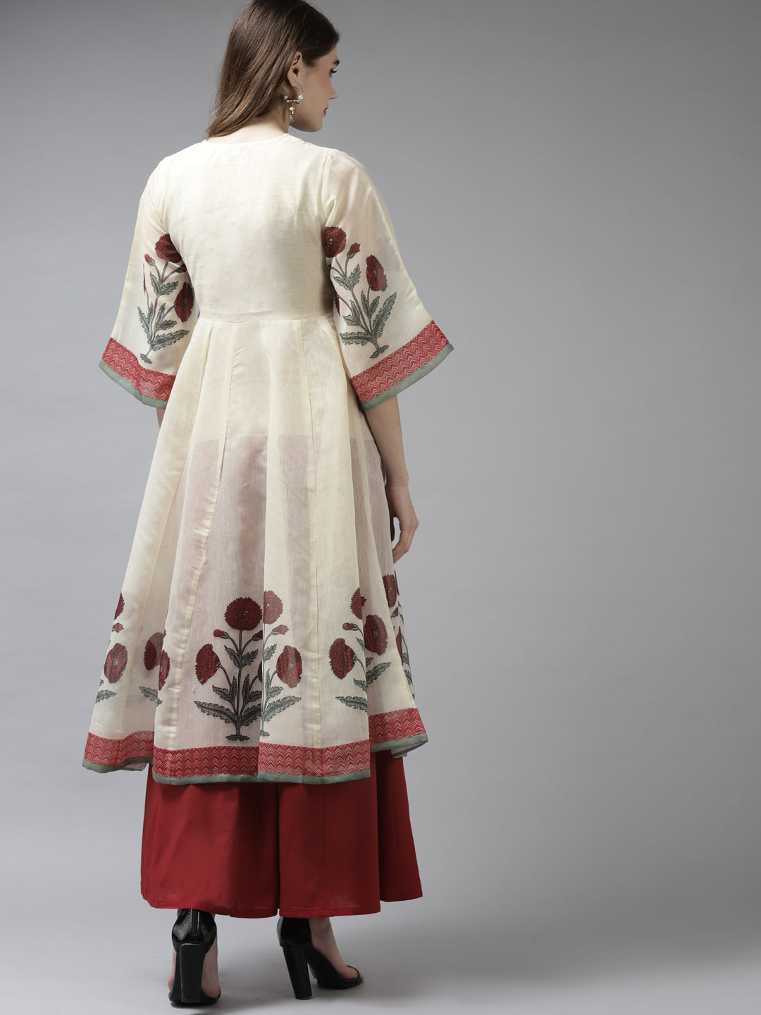 Beige Floral Printed A-Line Kurta With Palazzos.