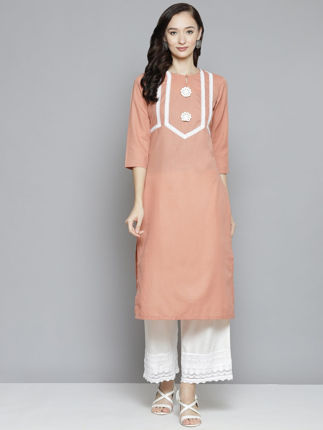 Peach solid Lace work Kurta with Palazzos