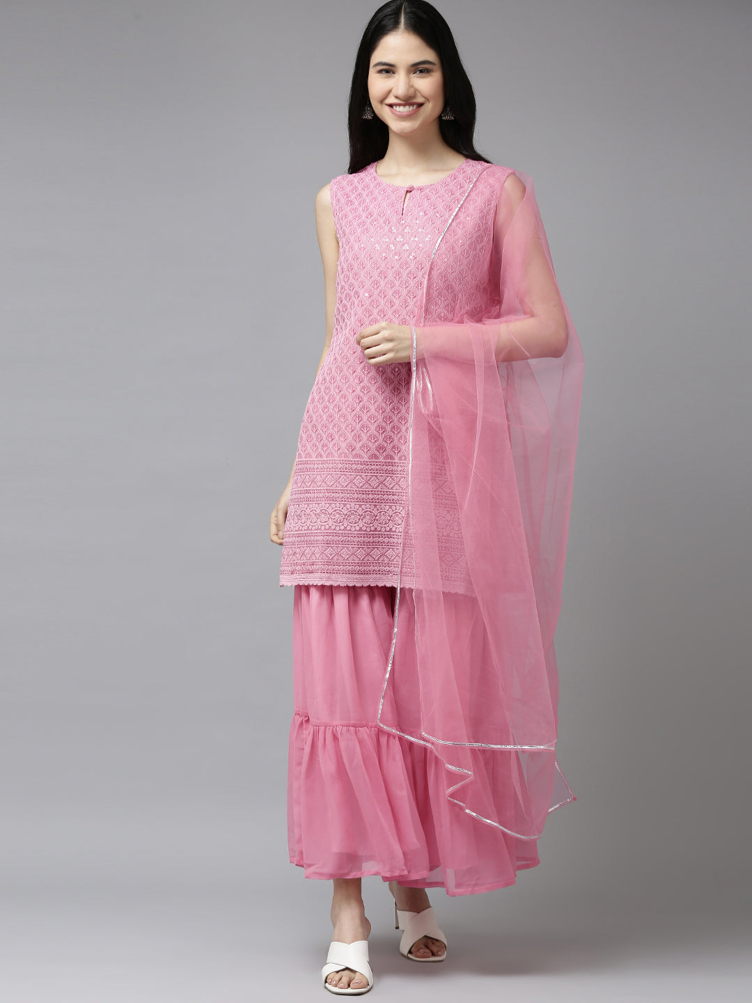 Pink Embroidered Kurta With Sharara With Dupatta