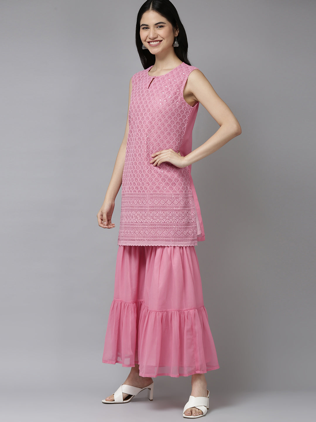 Pink Embroidered Kurta With Sharara With Dupatta