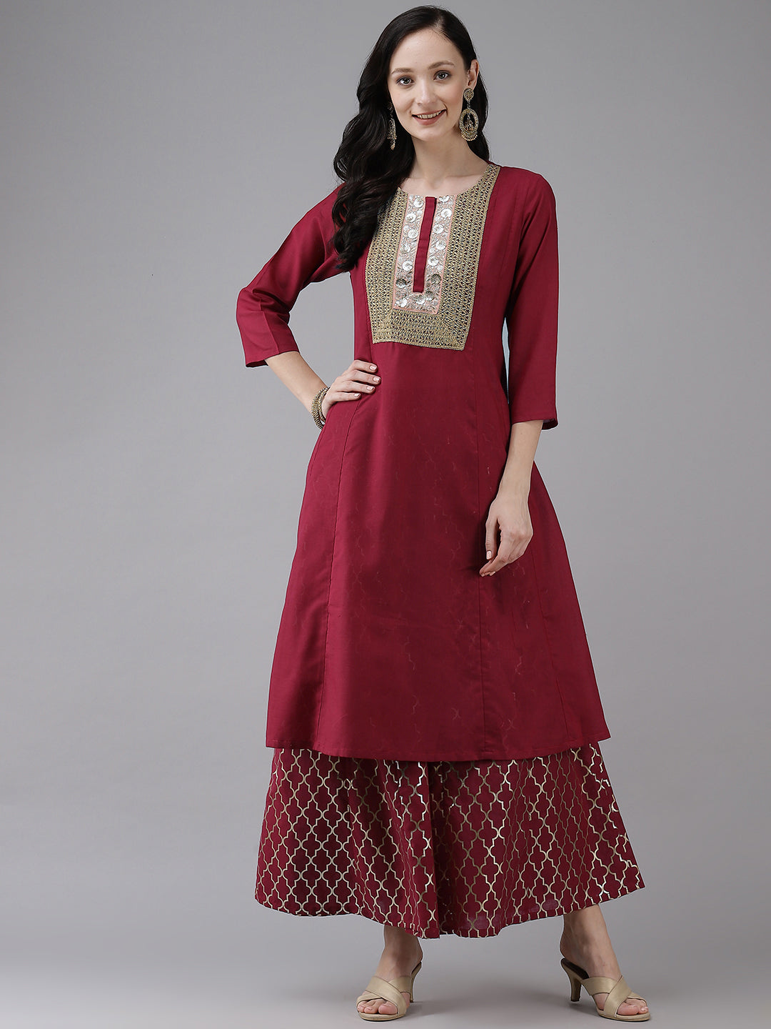 Maroon Solid Lace Work Kurta with Sharara