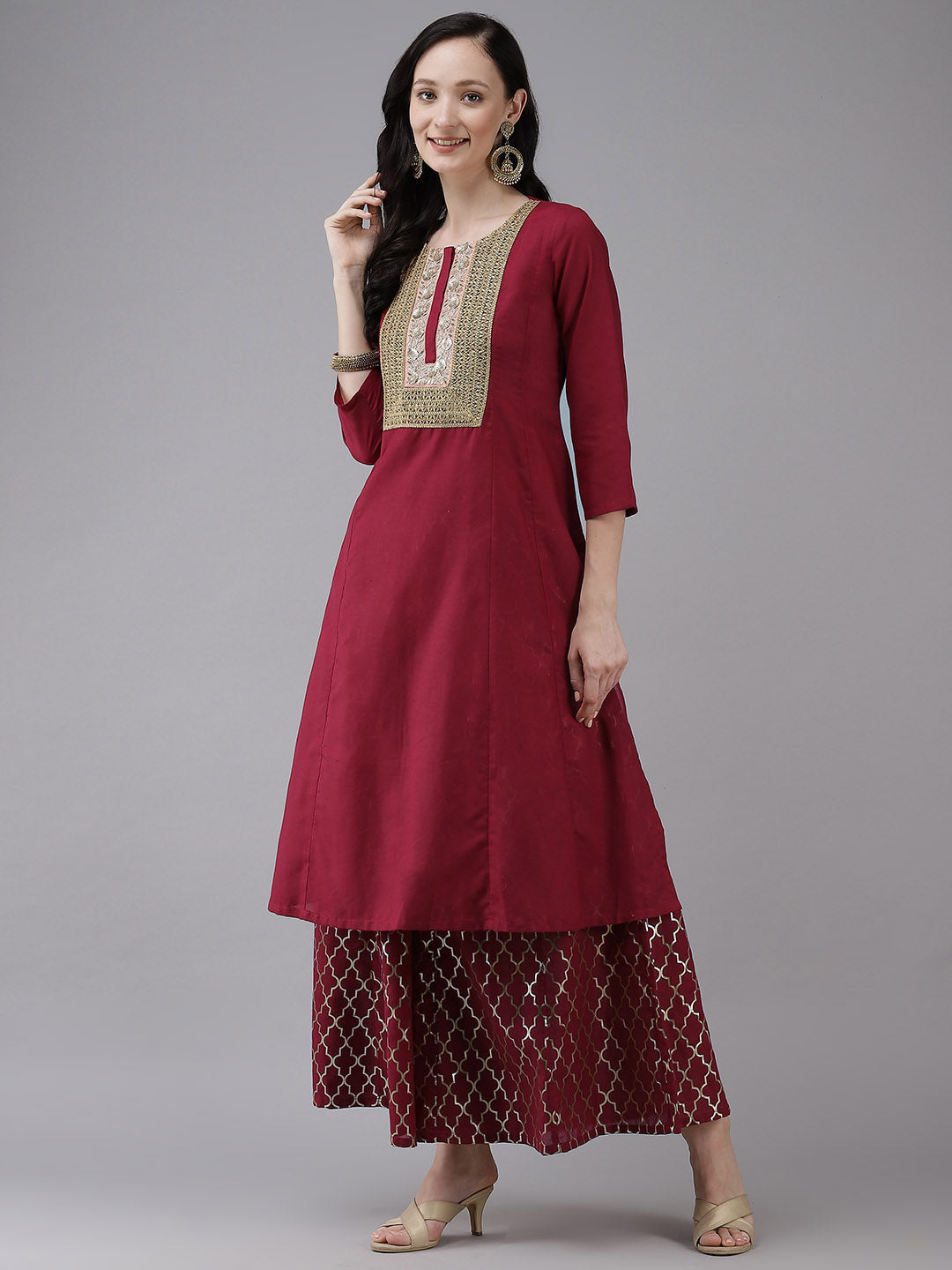 Maroon Solid Lace Work Kurta with Sharara