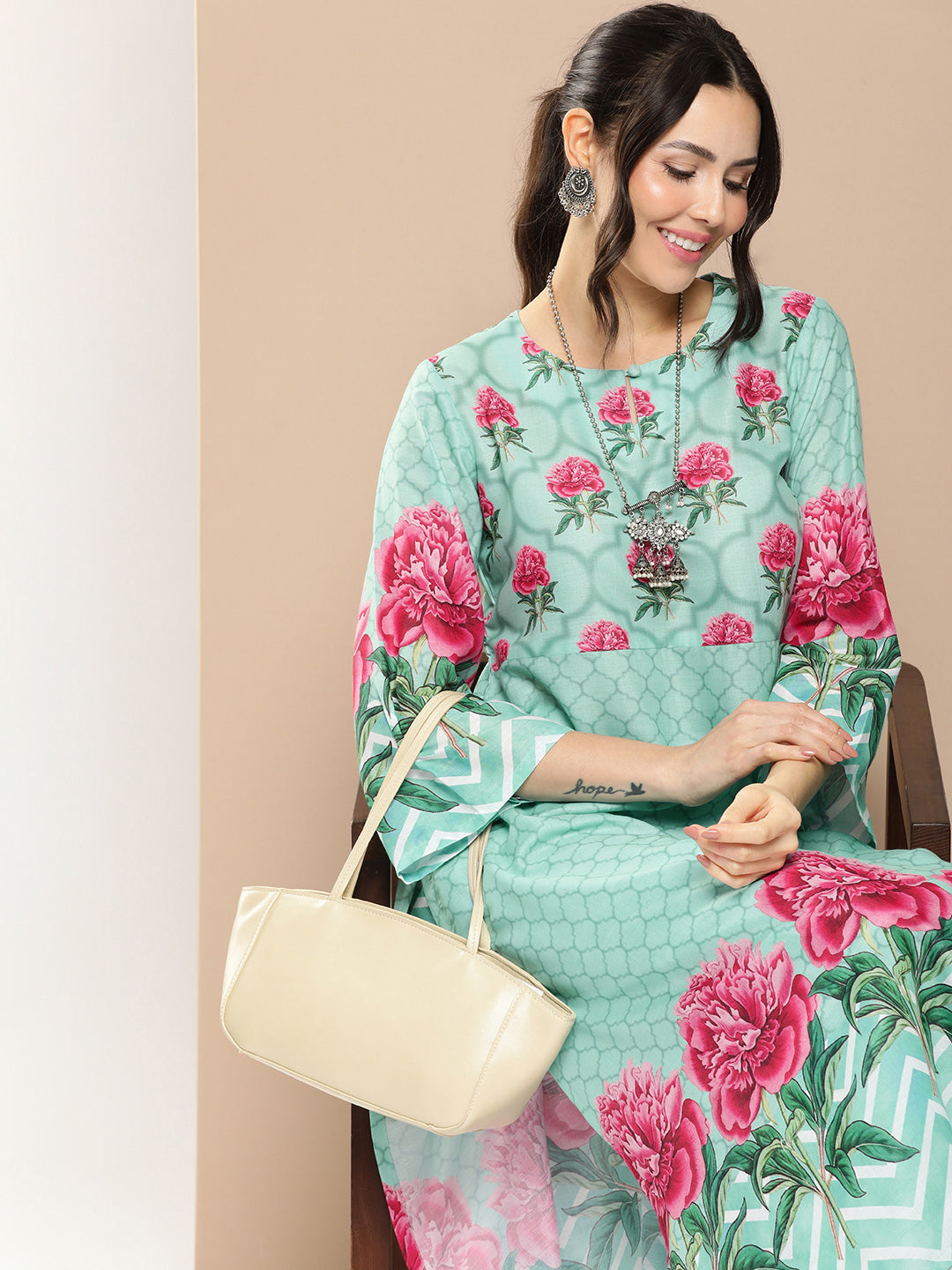 Blue Floral Printed A-Line Kurta With Palazzos
