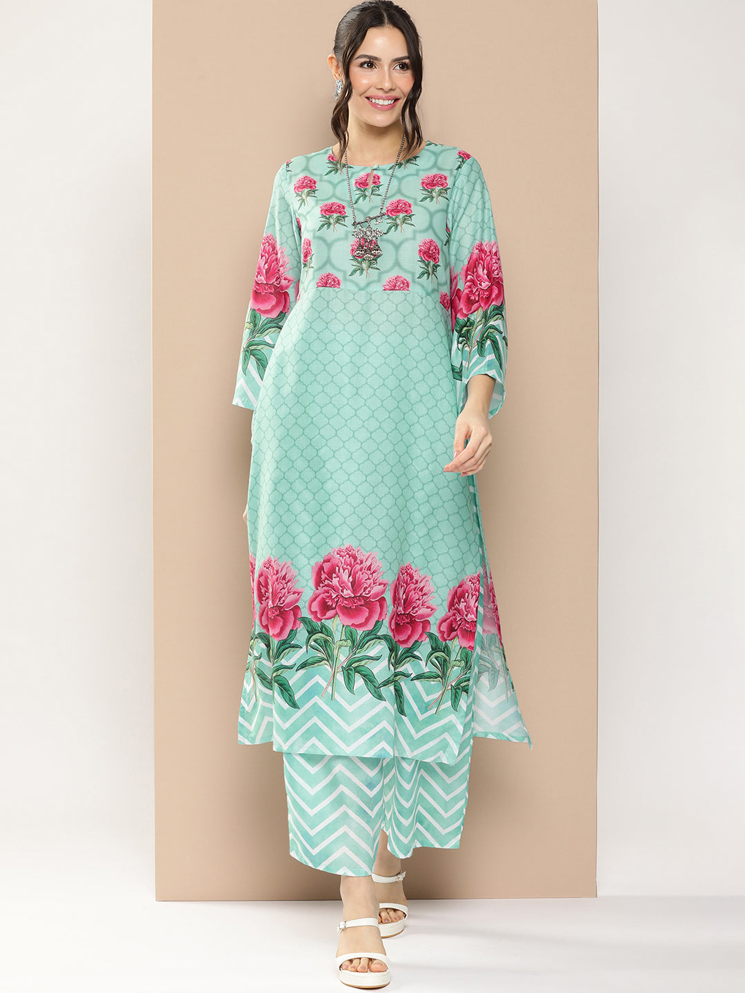 Blue Floral Printed A-Line Kurta With Palazzos
