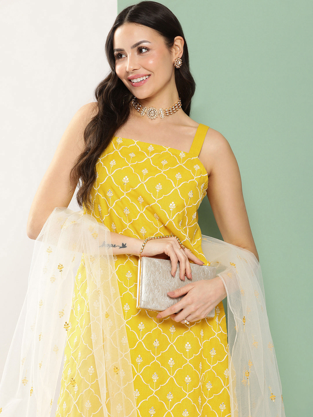 Yellow Embroidered Shoulder Straps Kurta & Sharara With Dupatta.