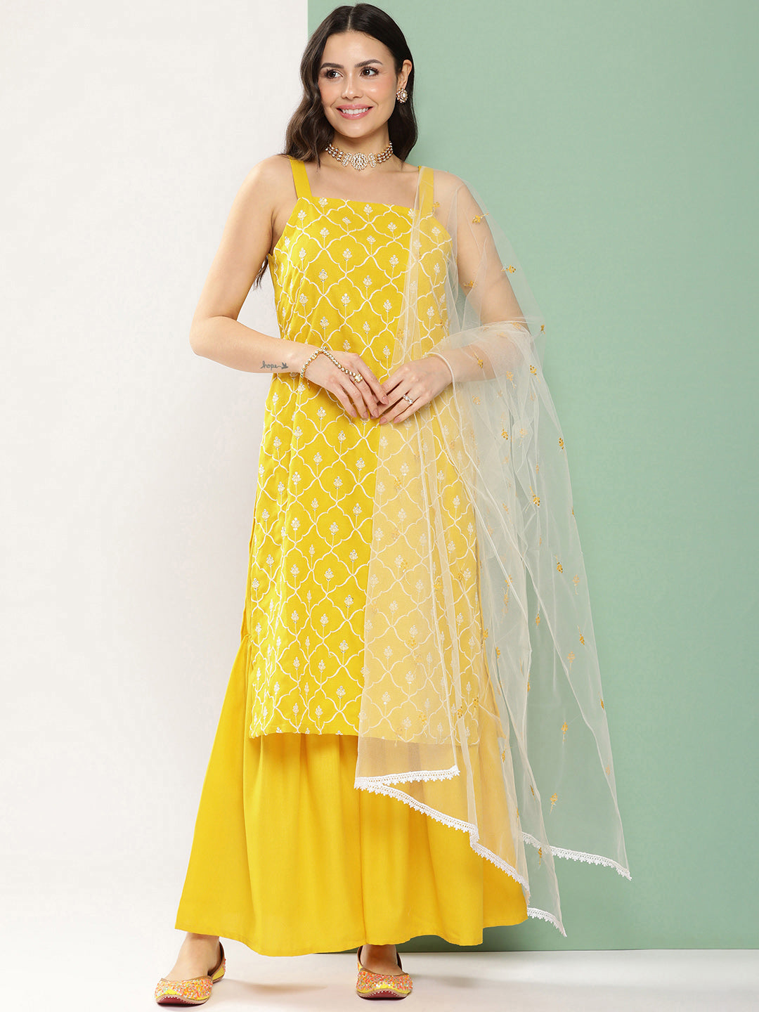 Yellow Embroidered Shoulder Straps Kurta & Sharara With Dupatta.