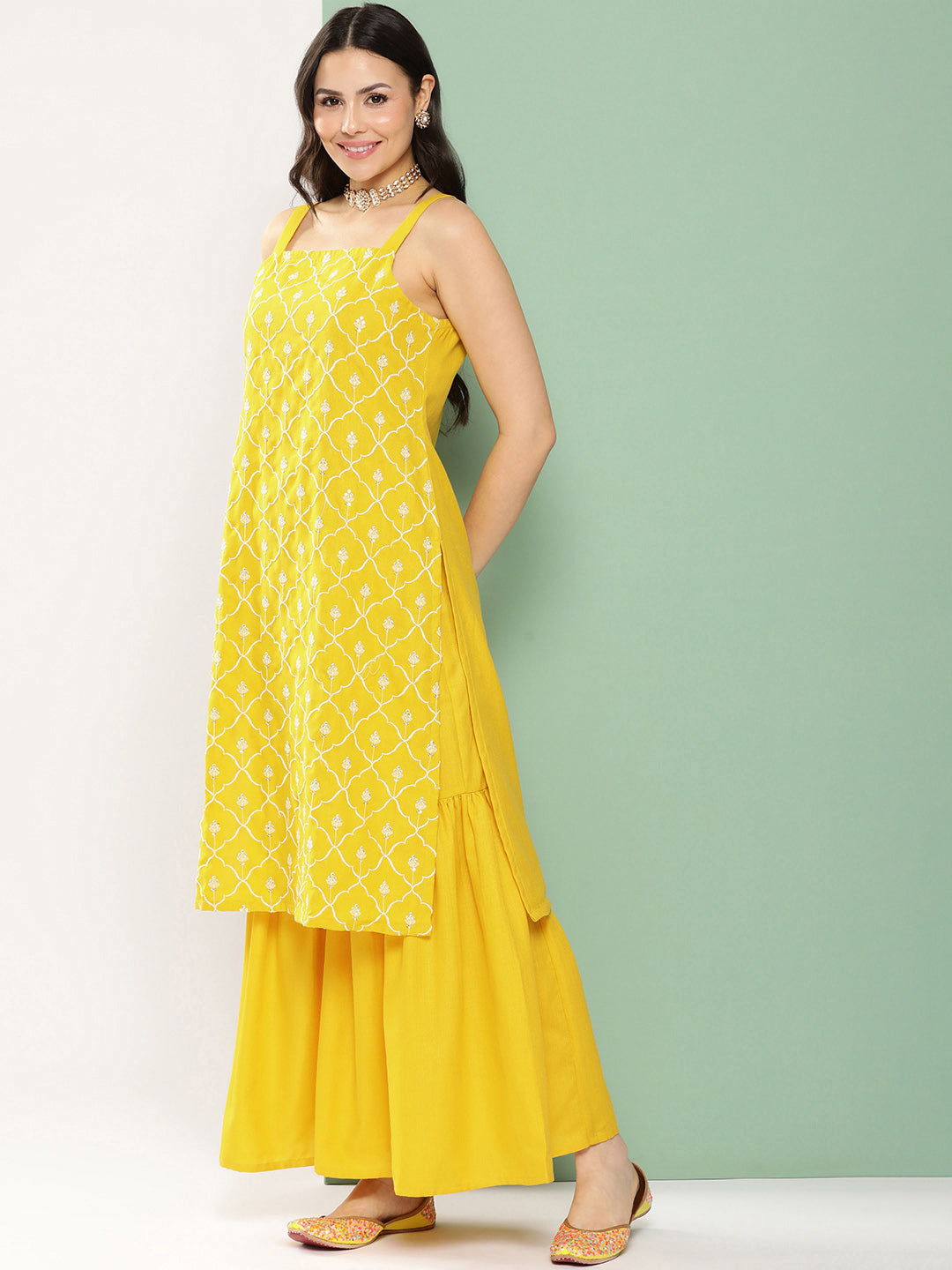 Yellow Embroidered Shoulder Straps Kurta & Sharara With Dupatta.