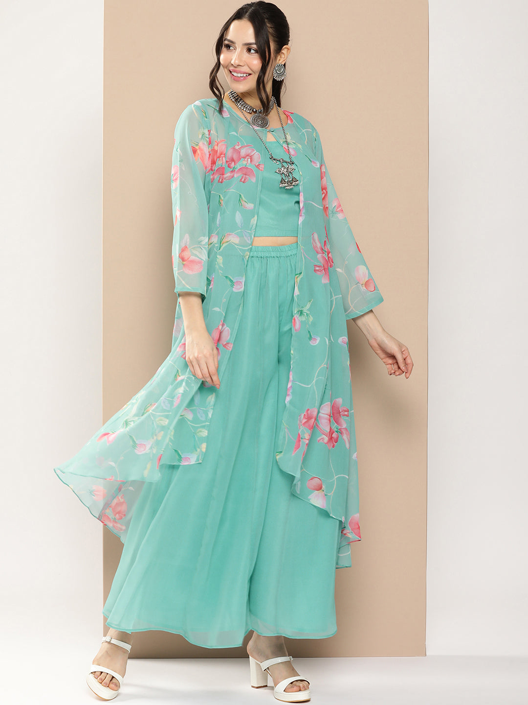 Blue Floral Print Cape & Inner Plain Short Spaghetti With Flared Palazzos.