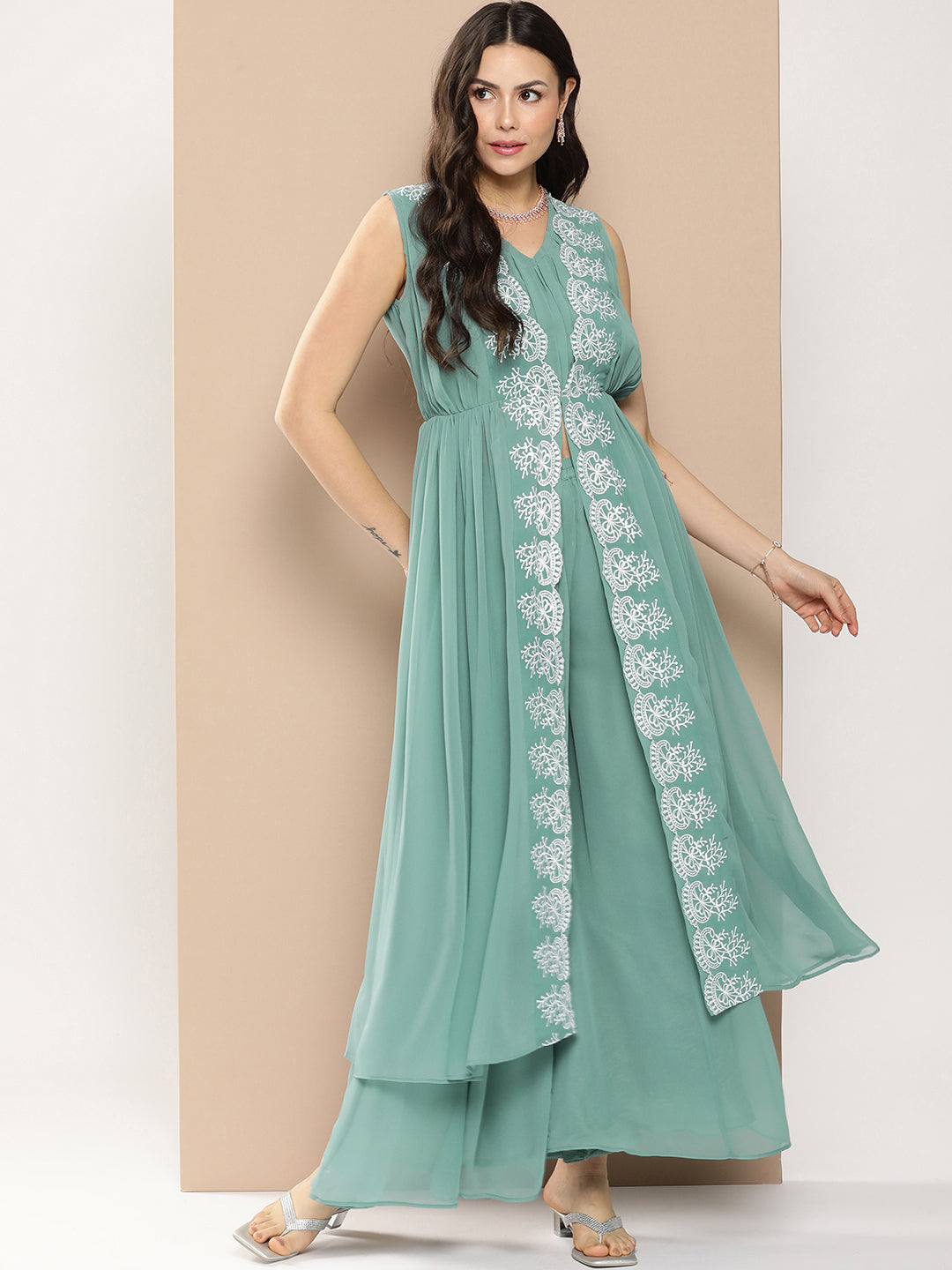 Green Embroidered Mid Open Kurta With Palazzos.