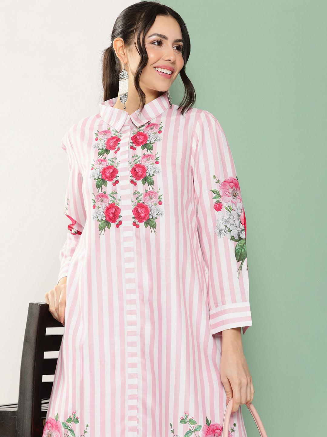 Pink & White Strip Floral Print Kurta With Palazzos.