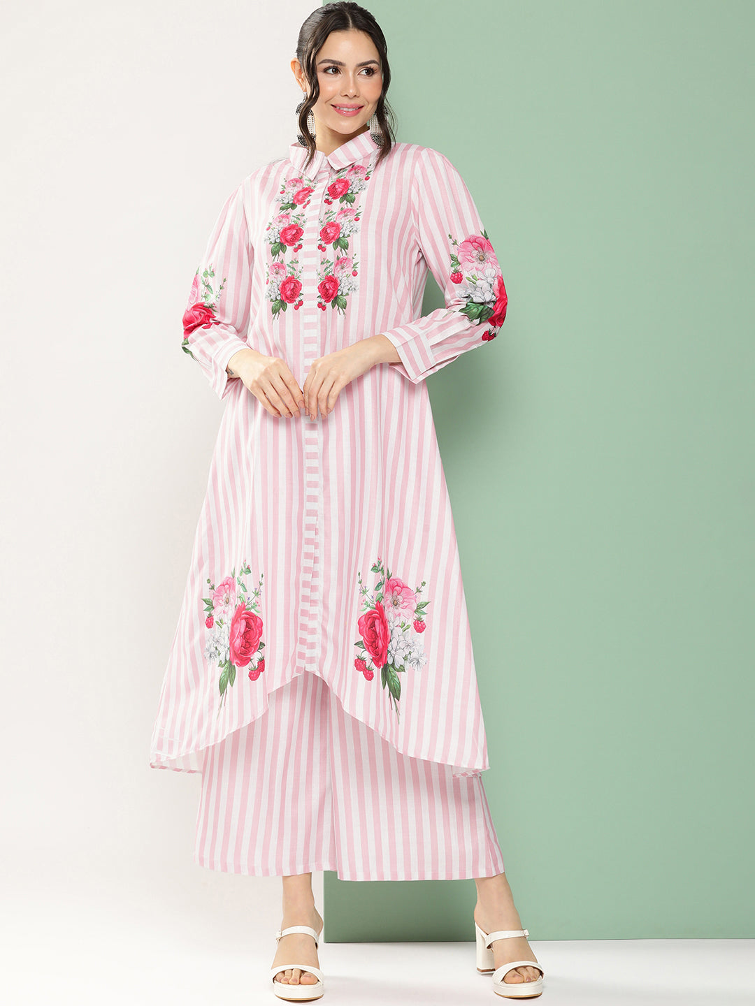 Pink & White Strip Floral Print Kurta With Palazzos.