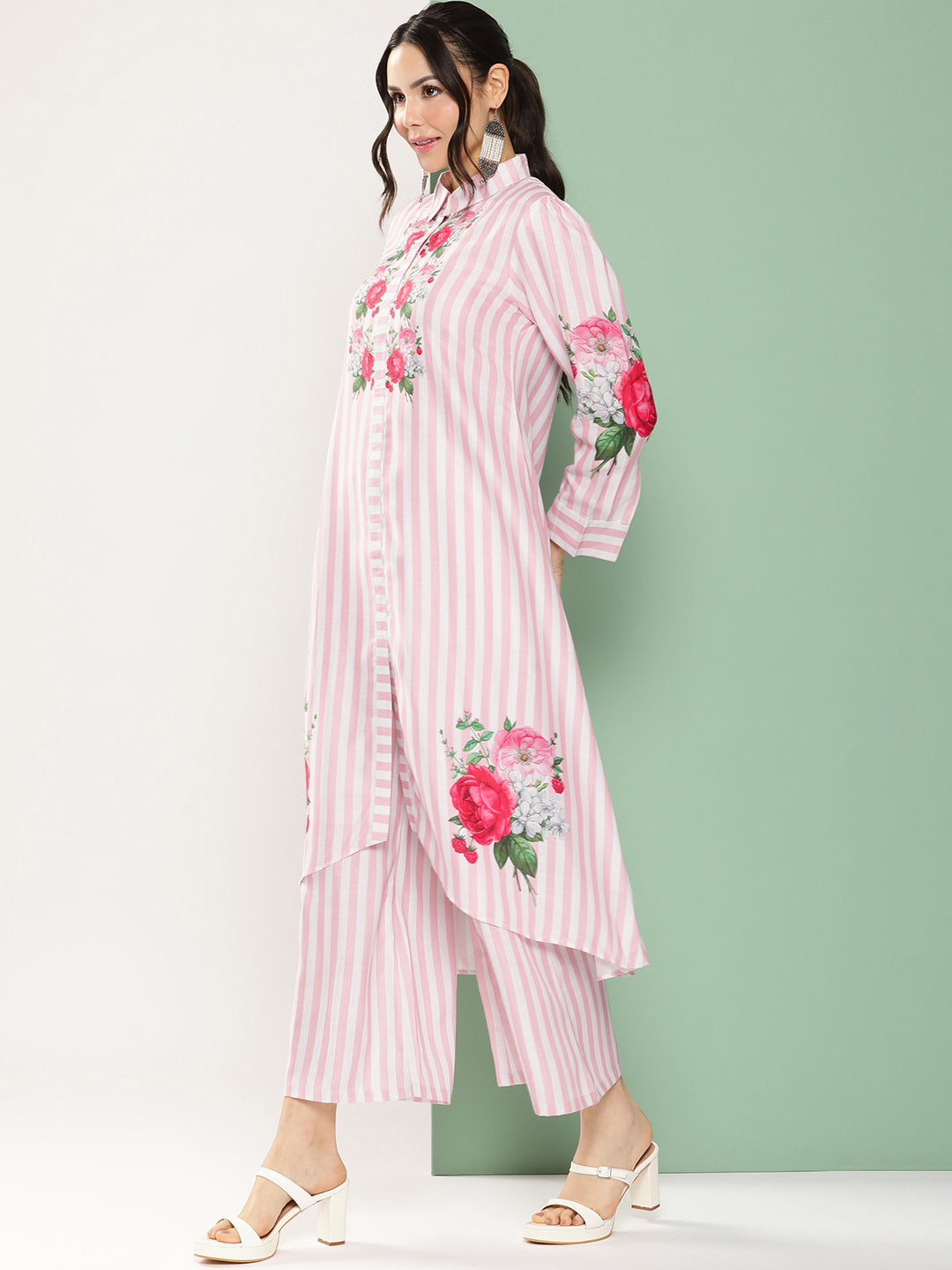 Pink & White Strip Floral Print Kurta With Palazzos.