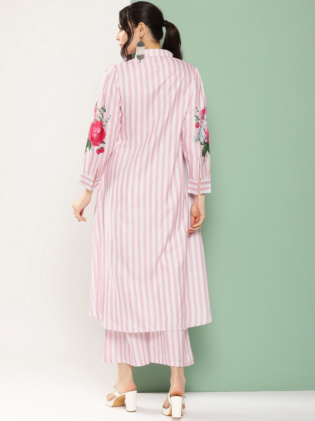 Pink & White Strip Floral Print Kurta With Palazzos.