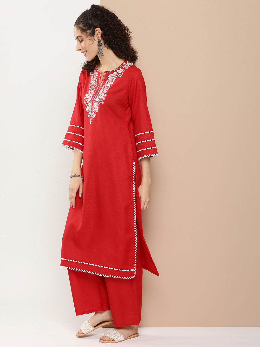 Bhama Couture Red Chikankari Neck Embroidered Kurta With Solid Palazzo