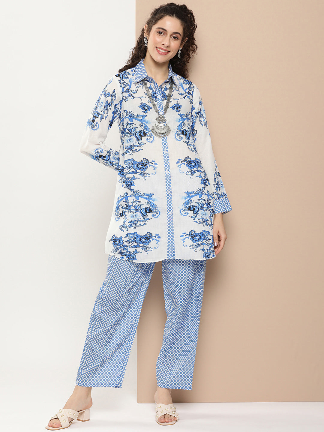 Bhama Couture Off White And Blue Floral Print Kurta With Printed Pants.