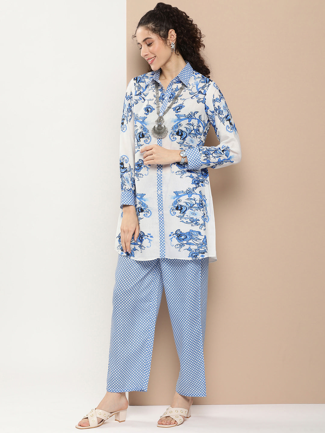 Bhama Couture Off White And Blue Floral Print Kurta With Printed Pants.