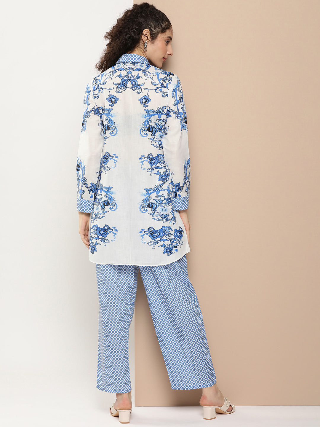 Bhama Couture Off White And Blue Floral Print Kurta With Printed Pants.