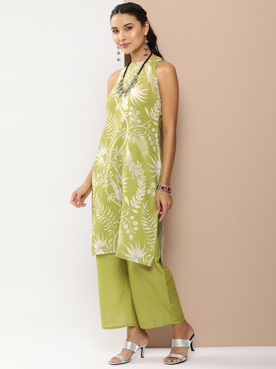 Bhama Couture Olive Green Floral Print Kurta With Olive Green Solid Palazzo