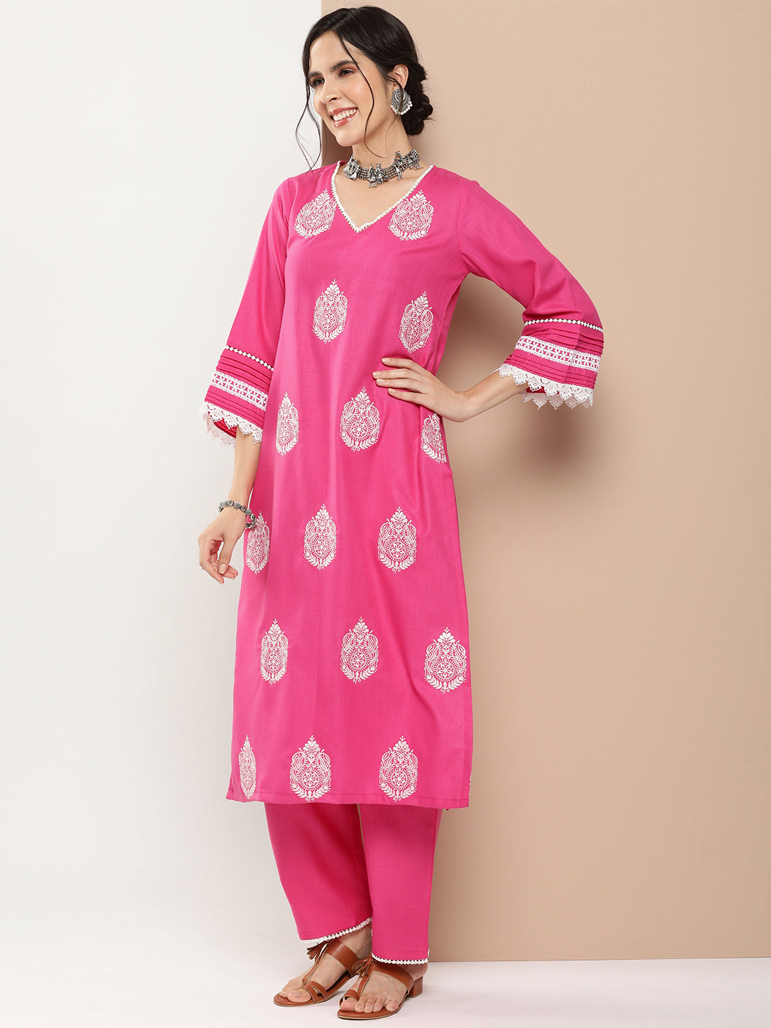 Bhama Couture Pink Embroidered Kurta With Solid Pink Palazzo.
