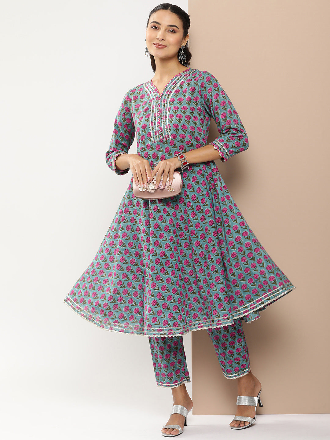 Bhama Couture Teal Blue Floral Print Anarkali Kurta With Gotta Patti Details With Teal Blue Floral Print Palazzos.