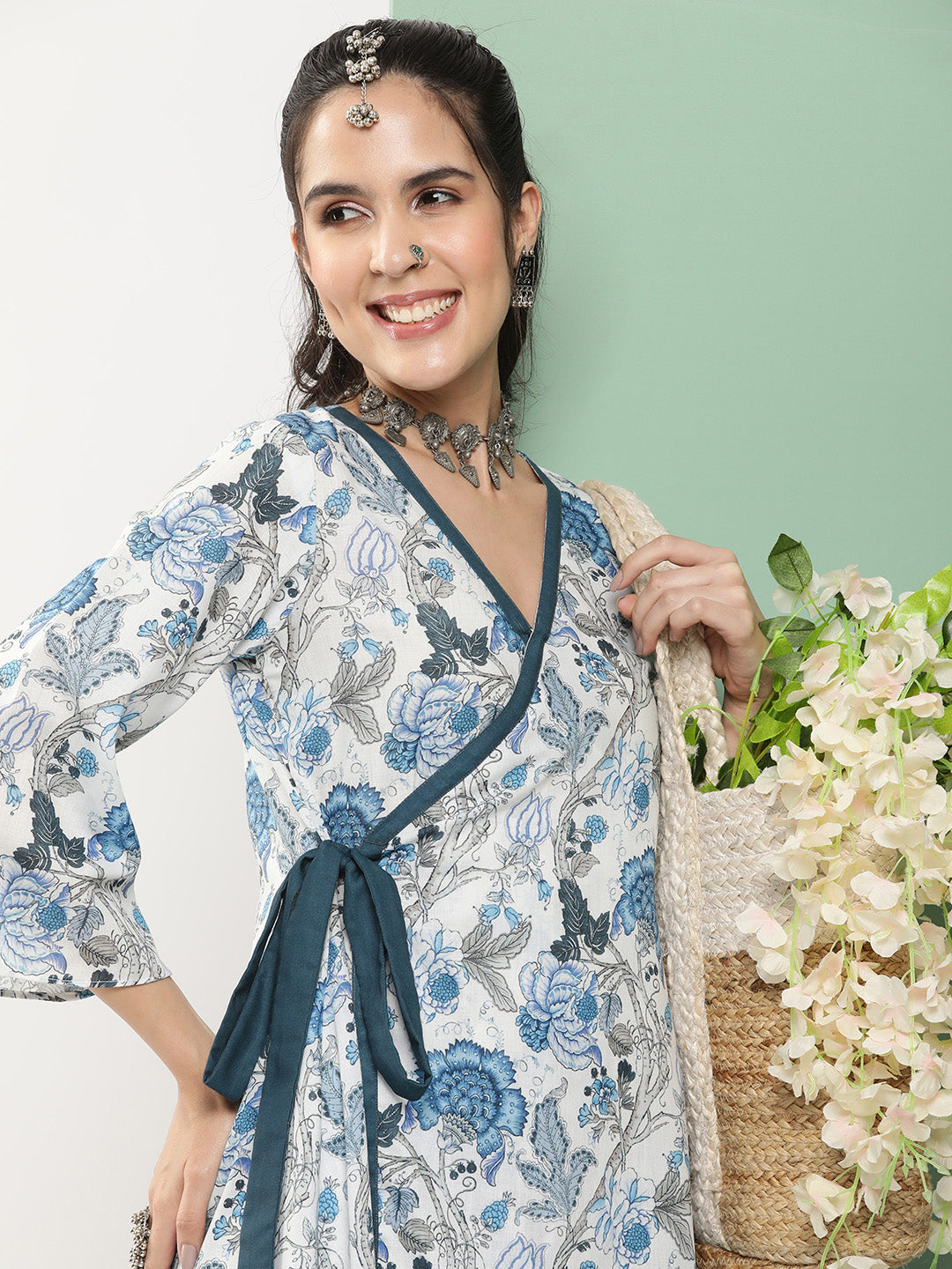 Bhama Couture White & Blue Floral Printed A- Line Side Wrap-On Kurta With Blue Solid Palazzo.