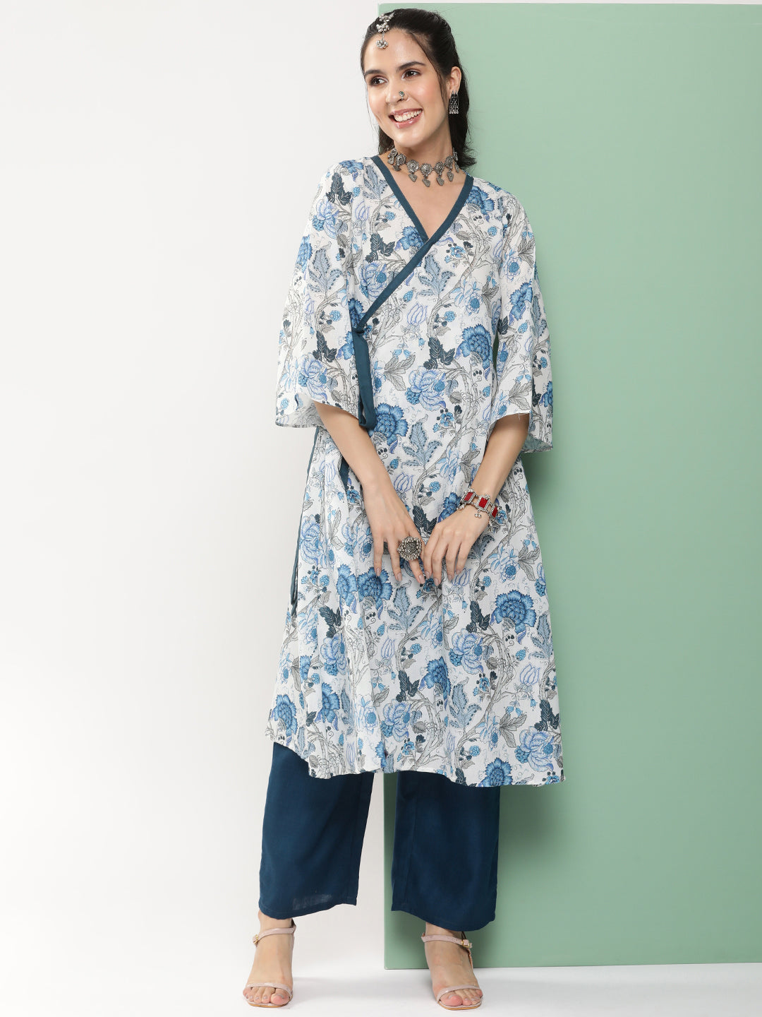 Bhama Couture White & Blue Floral Printed A- Line Side Wrap-On Kurta With Blue Solid Palazzo.