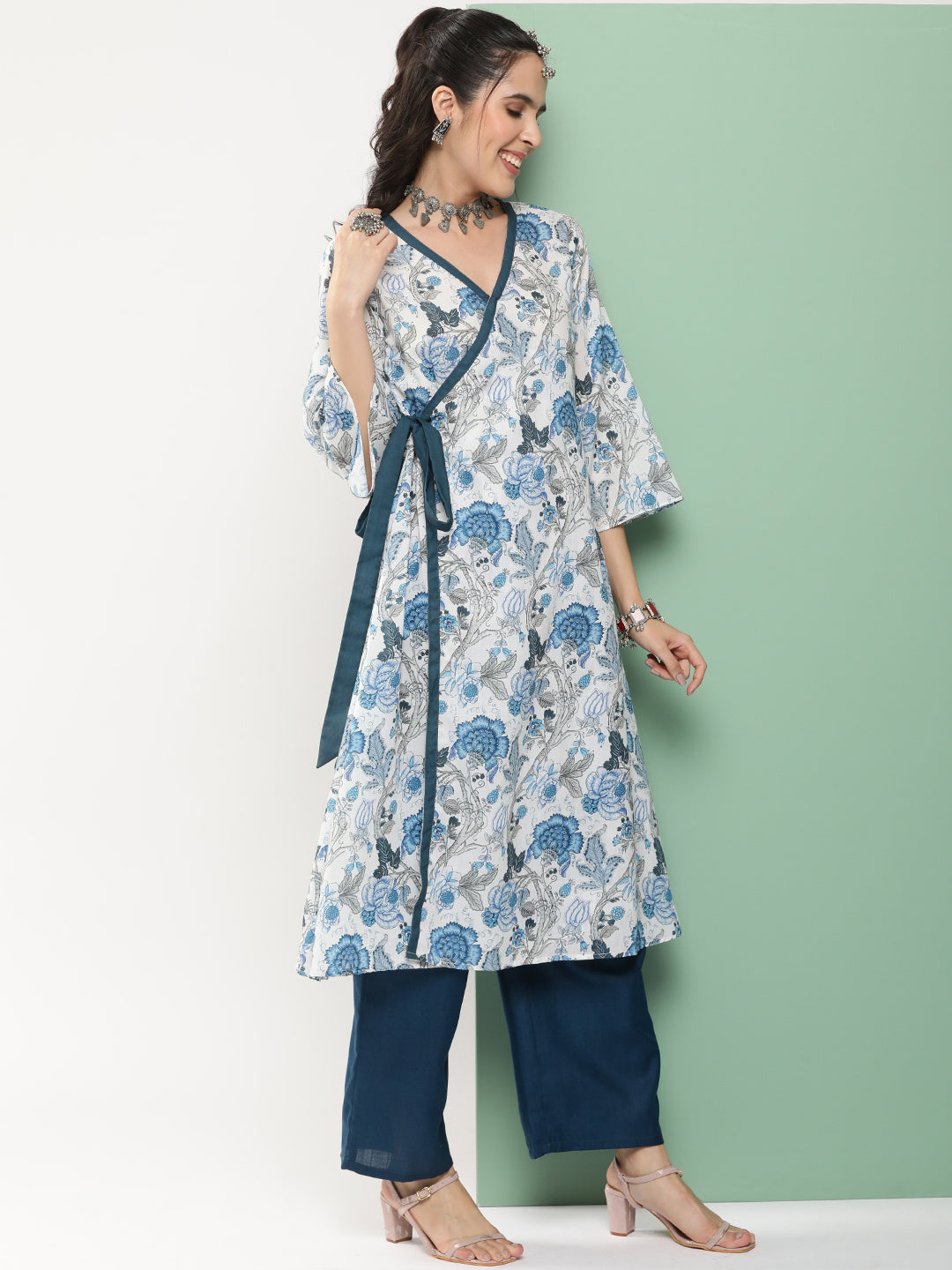 Bhama Couture White & Blue Floral Printed A- Line Side Wrap-On Kurta With Blue Solid Palazzo.