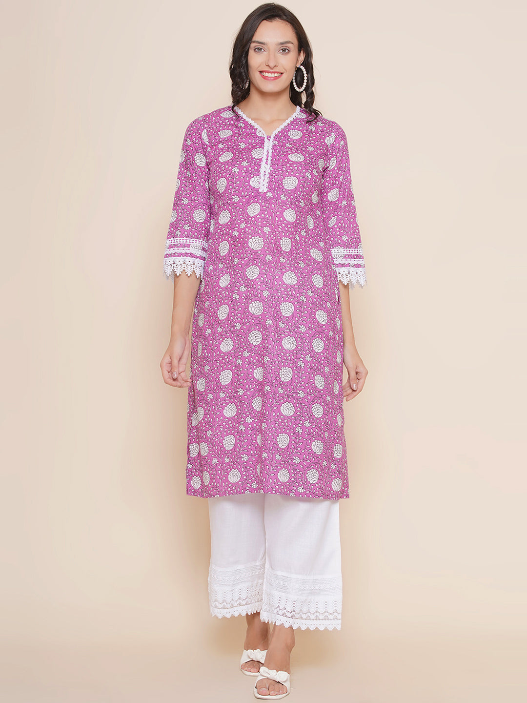 Purple Floral Print Straight Lace Detailing kurta With Off White Palazzos with Lace Detailing