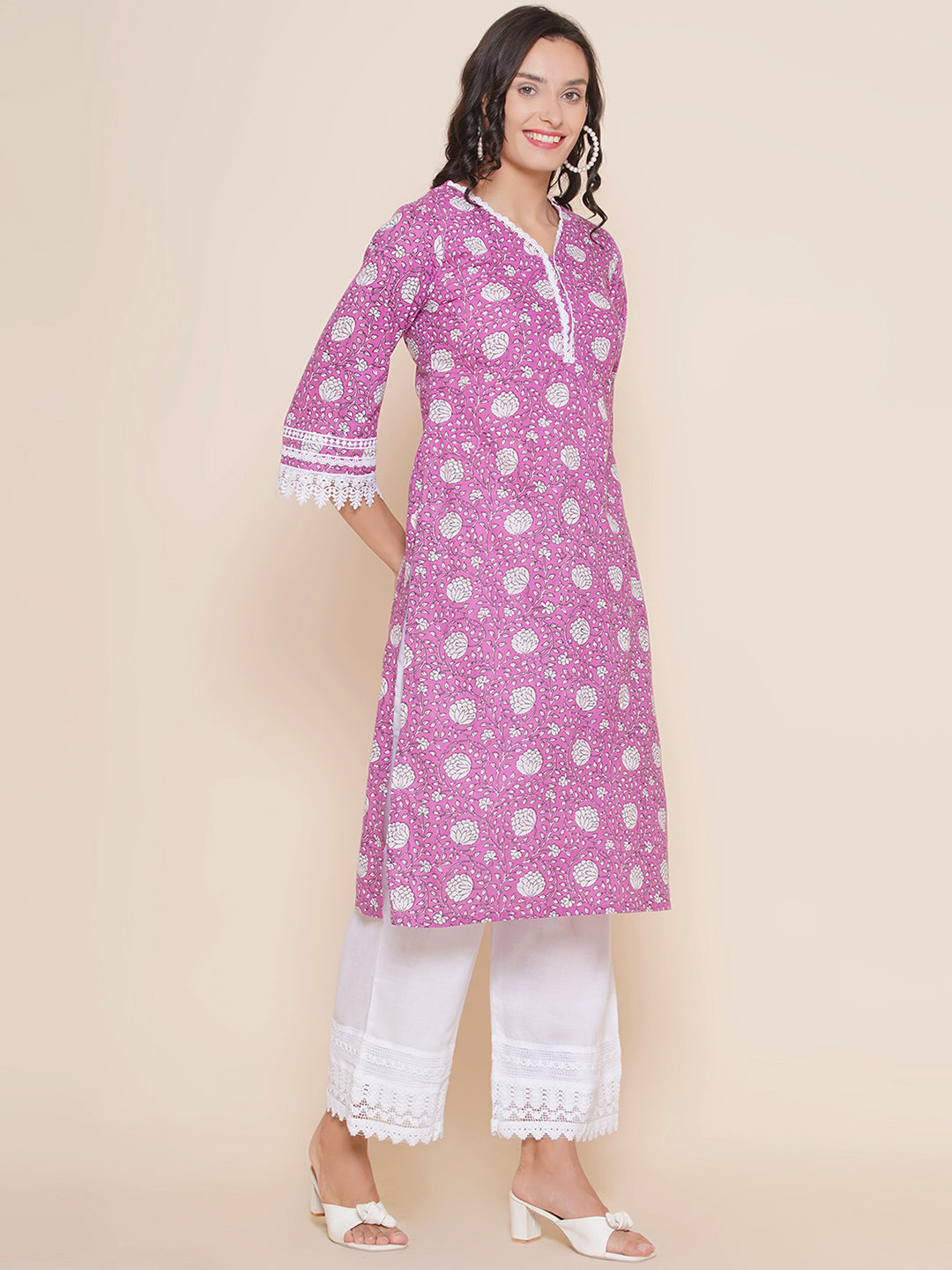 Purple Floral Print Straight Lace Detailing kurta With Off White Palazzos with Lace Detailing