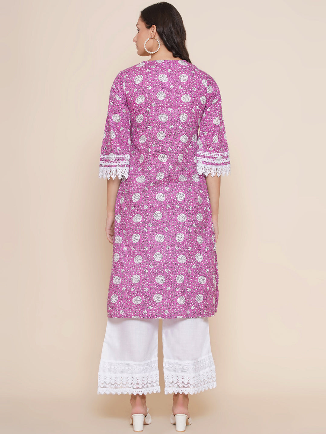 Purple Floral Print Straight Lace Detailing kurta With Off White Palazzos with Lace Detailing