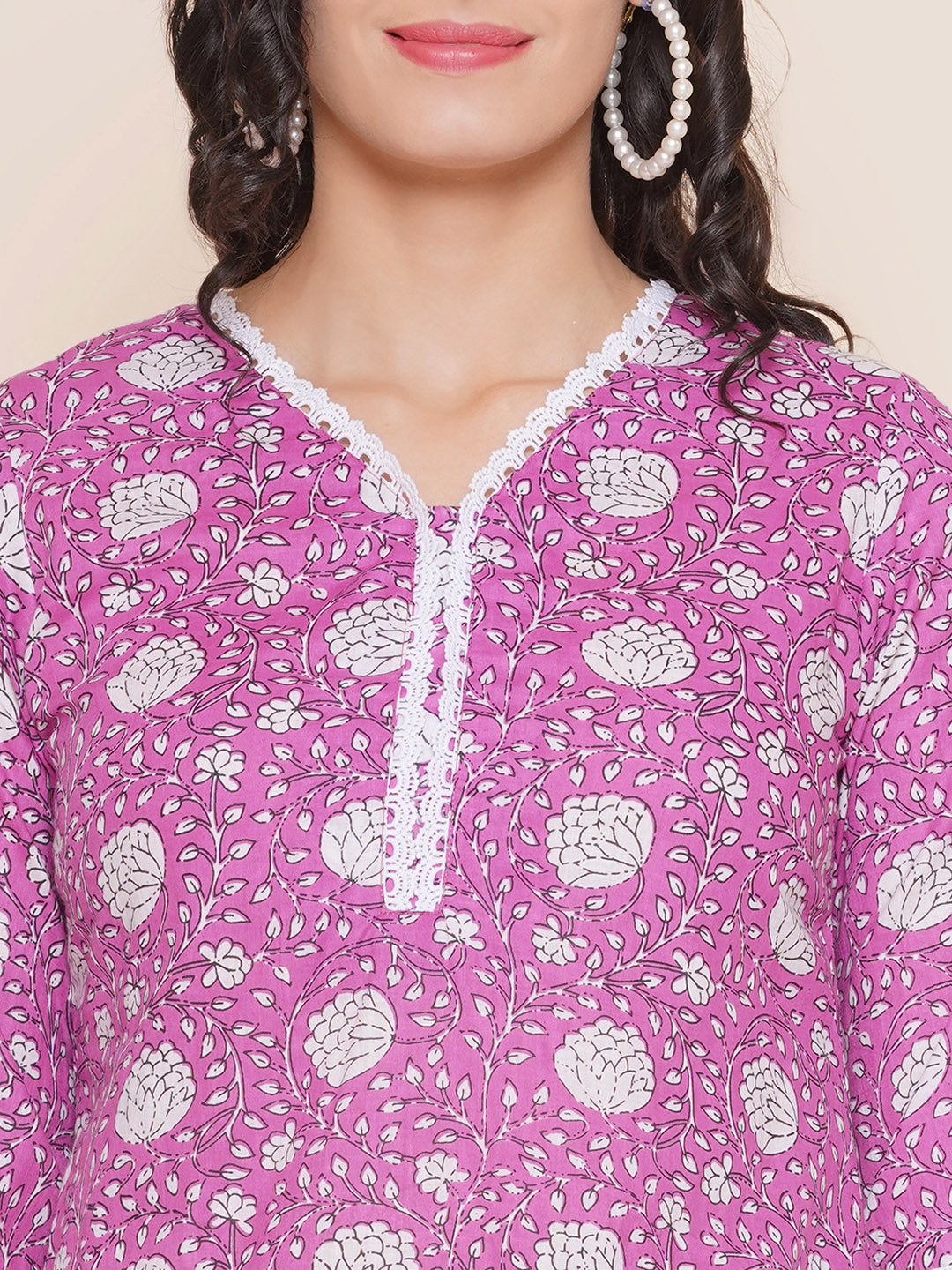 Purple Floral Print Straight Lace Detailing kurta With Off White Palazzos with Lace Detailing