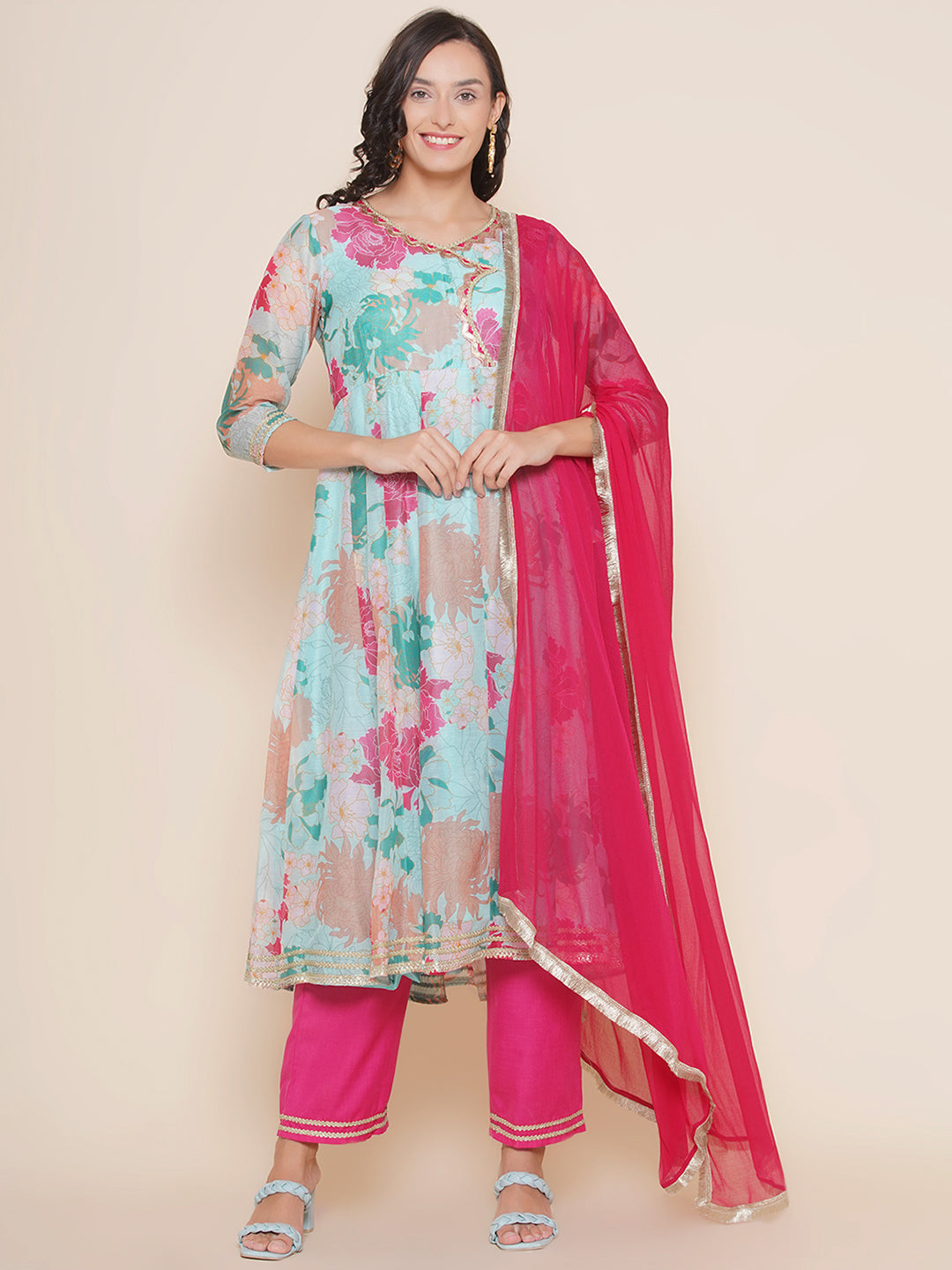 Blue Pink Floral Printed Angrakha Style Lace Details Kurta & Pink Solid Palazzos with Dupatta