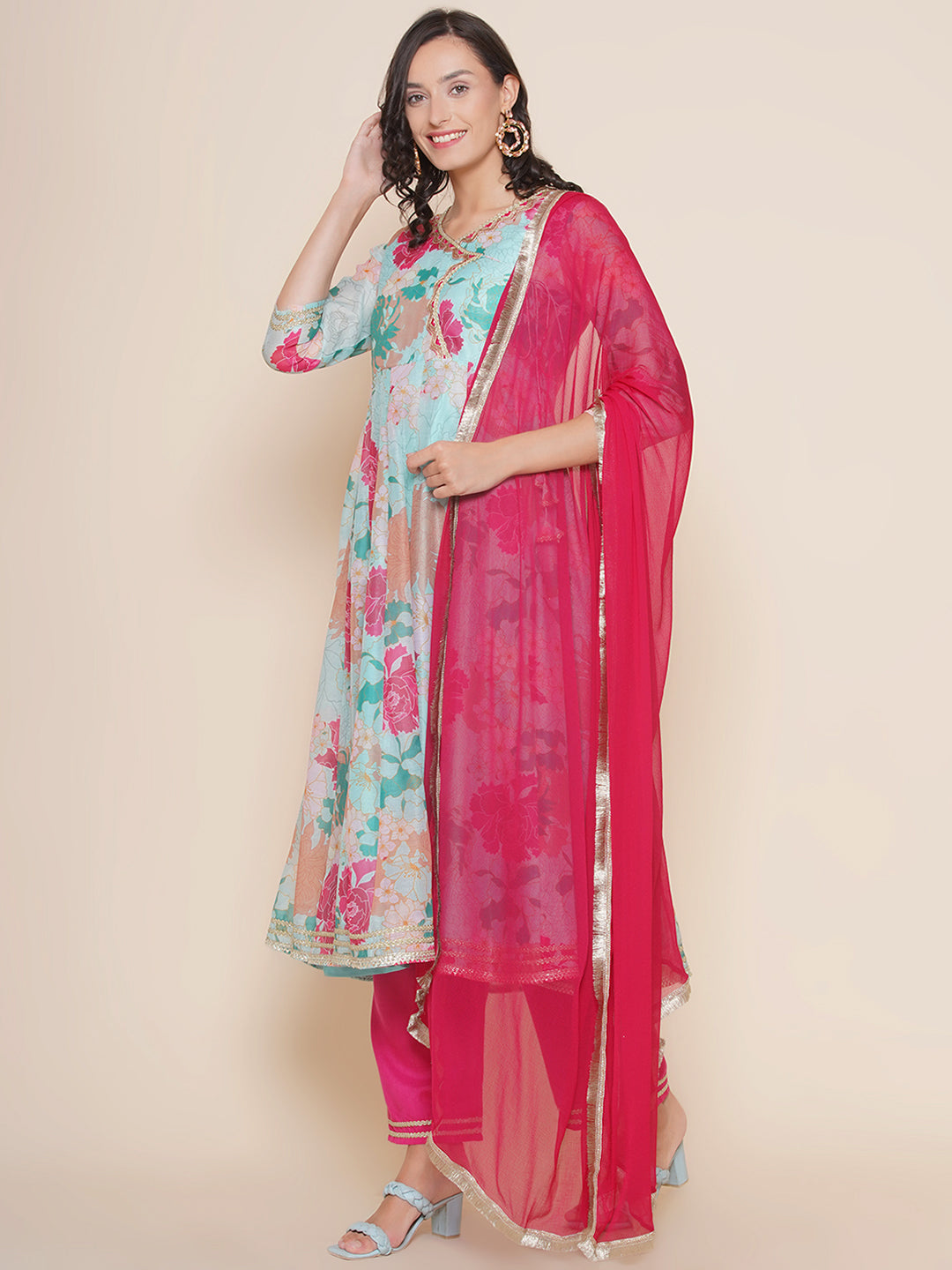 Blue Pink Floral Printed Angrakha Style Lace Details Kurta & Pink Solid Palazzos with Dupatta