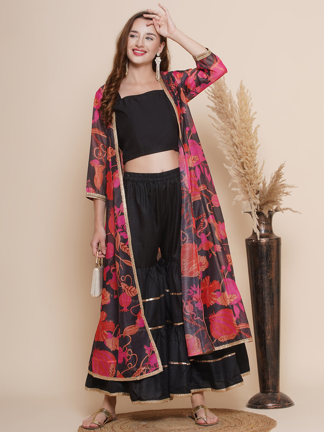 Black Floral printed Jacket, Camisole with Sharara