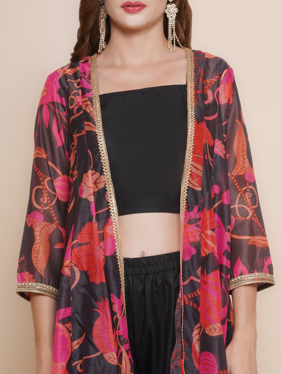 Black Floral printed Jacket, Camisole with Sharara
