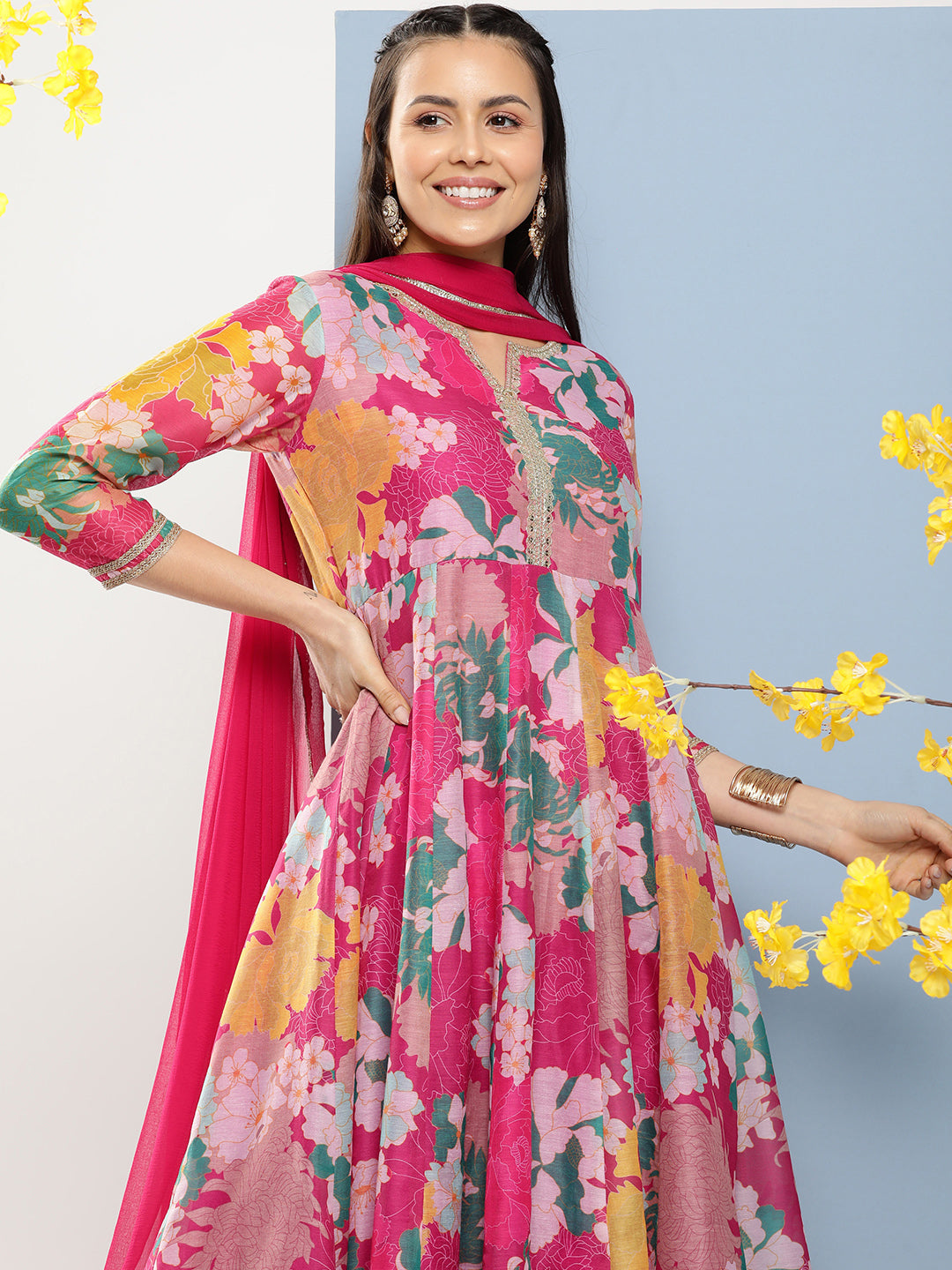 Bhama Couture Pink Floral Print A- Line Kurta With Lace Detailing & Pink Solid Palazzo With Lace Detailing.