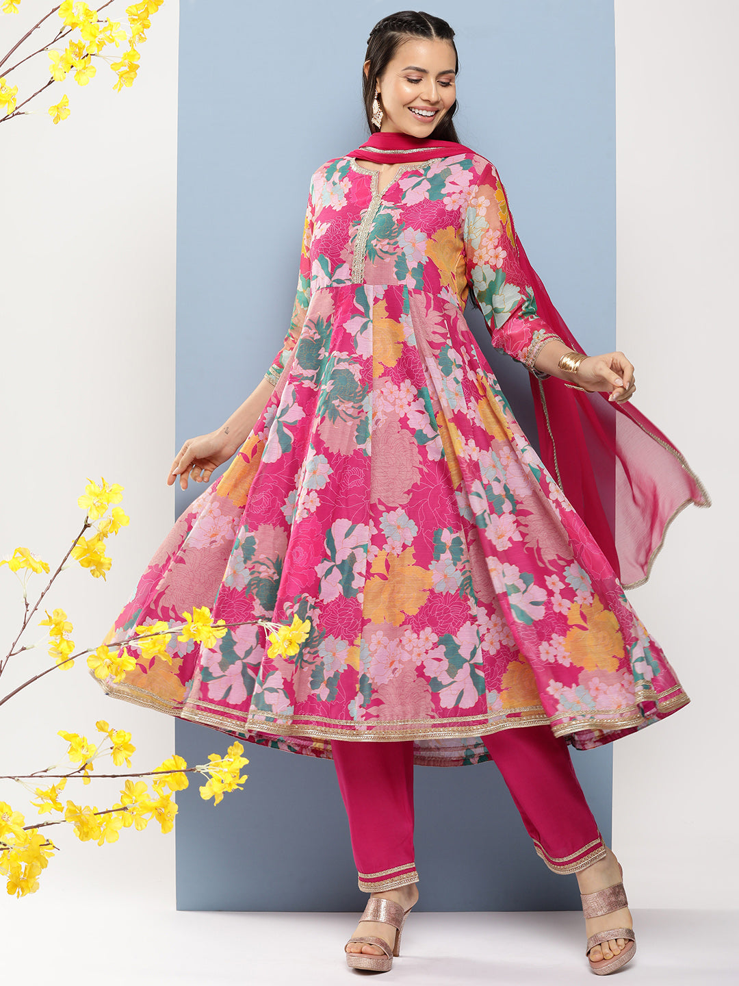 Bhama Couture Pink Floral Print A- Line Kurta With Lace Detailing & Pink Solid Palazzo With Lace Detailing.