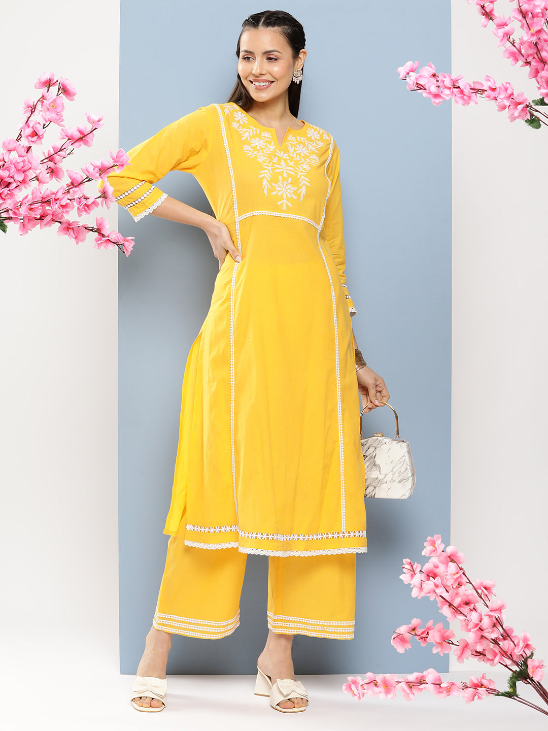 Bhama Coture Yellow Yoke Design Kurta With Lace Details & Yellow Solid Lace Details Palazzos.