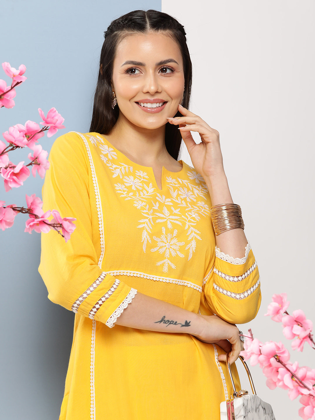 Bhama Coture Yellow Yoke Design Kurta With Lace Details & Yellow Solid Lace Details Palazzos.