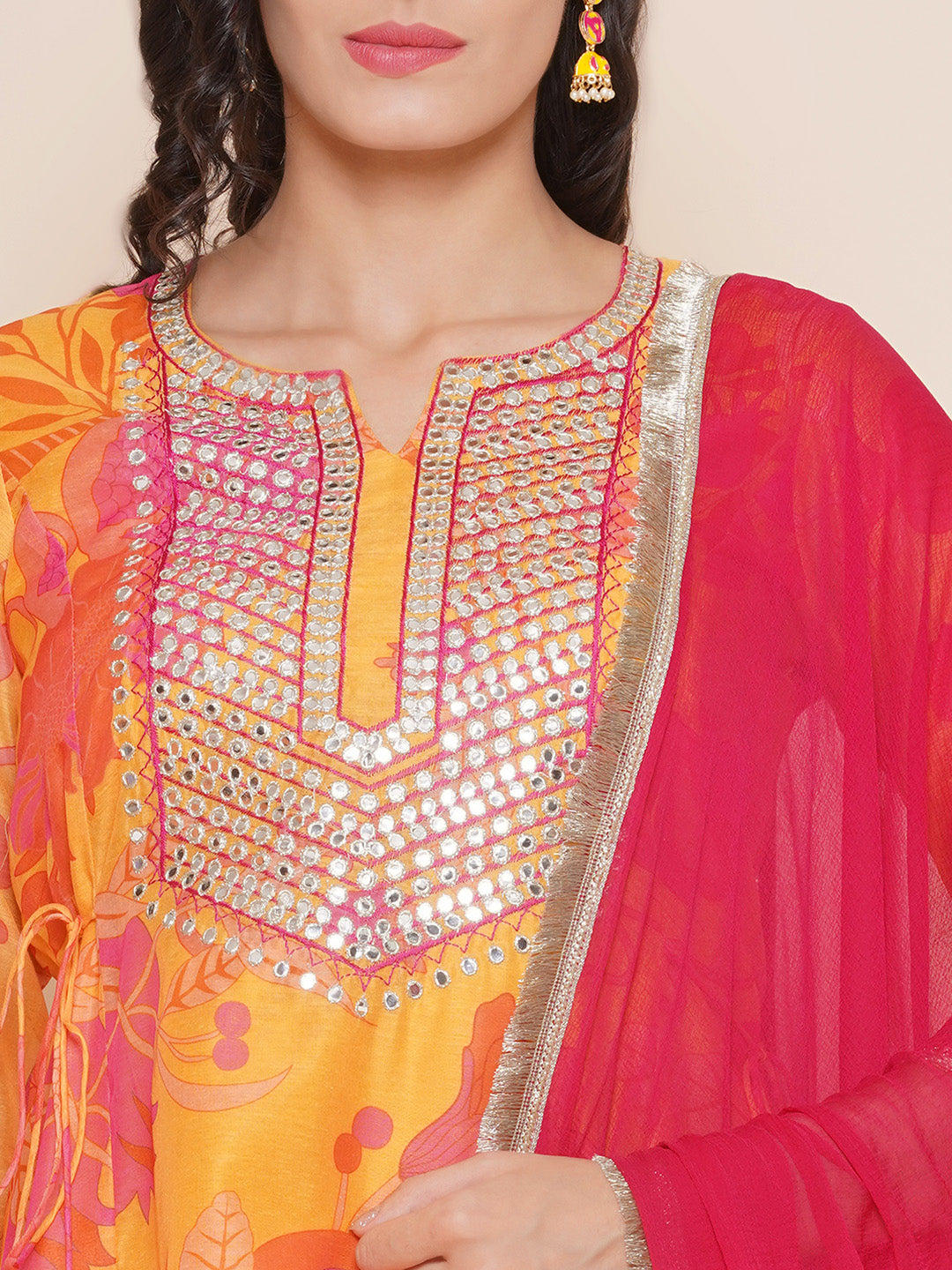 Yellow Floral printed A-Line Yoke Embroidered kurta & Yellow Solid Palazzos with Dupatta