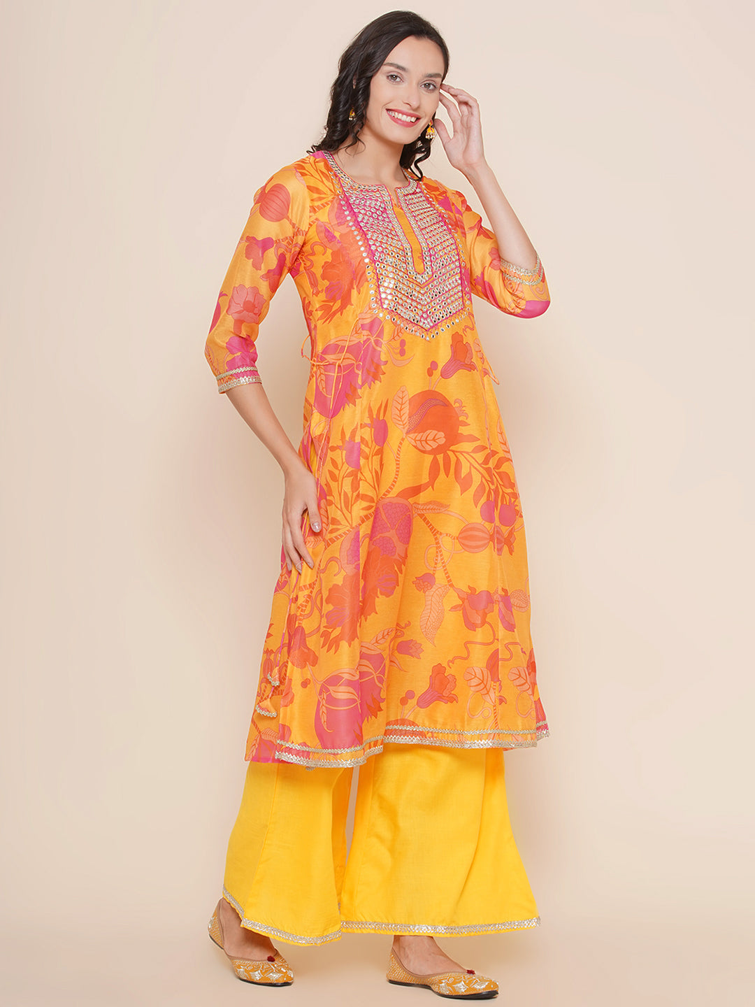 Yellow Floral printed A-Line Yoke Embroidered kurta & Yellow Solid Palazzos with Dupatta