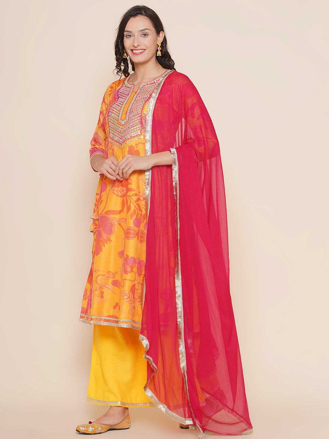 Yellow Floral printed A-Line Yoke Embroidered kurta & Yellow Solid Palazzos with Dupatta