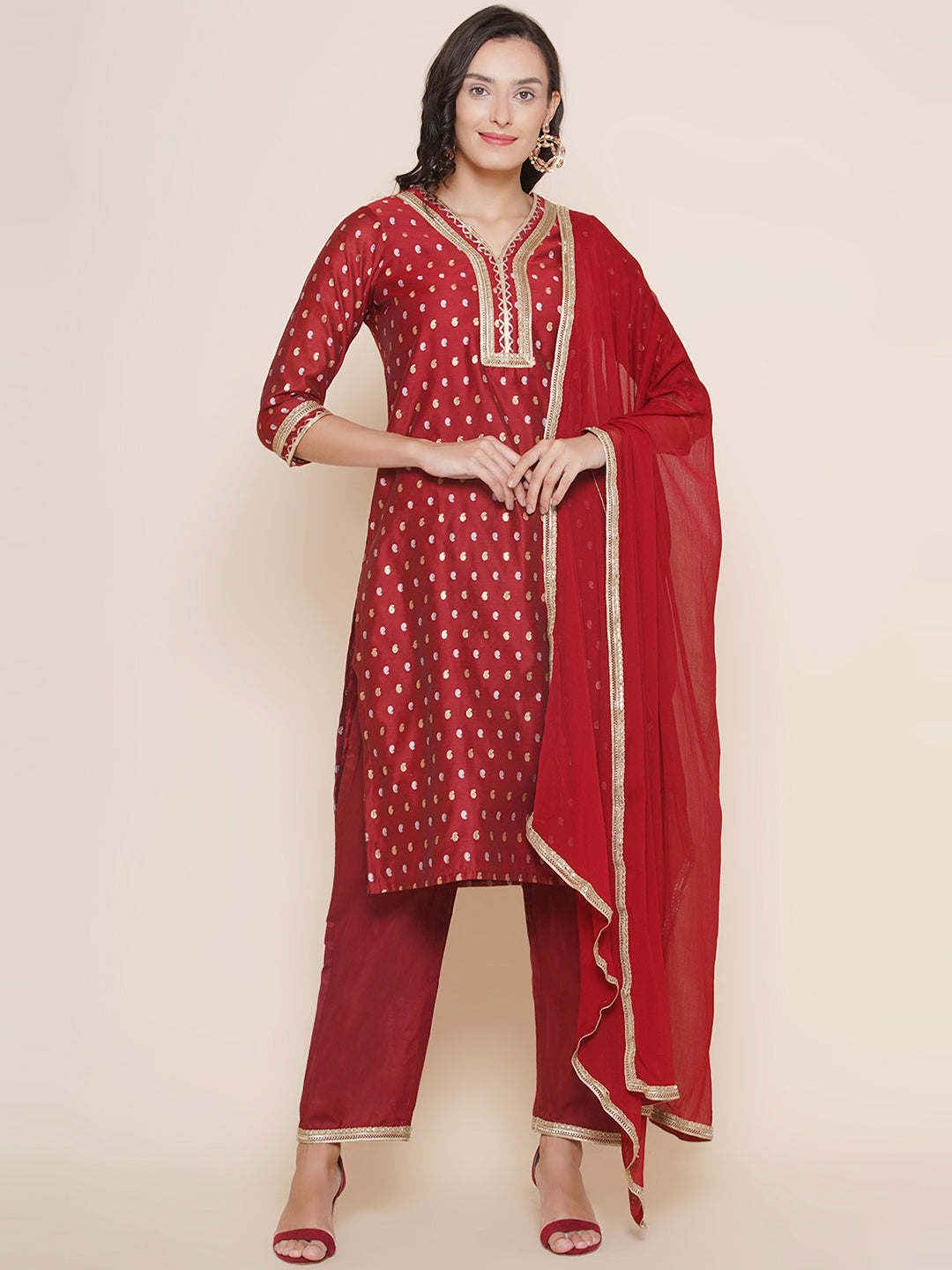 Bhama Couture Maroon Jacquard Booti Straight Kurta & Maroon Solid Palazzos With Dupatta