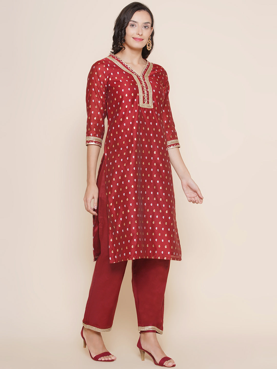 Bhama Couture Maroon Jacquard Booti Straight Kurta & Maroon Solid Palazzos With Dupatta