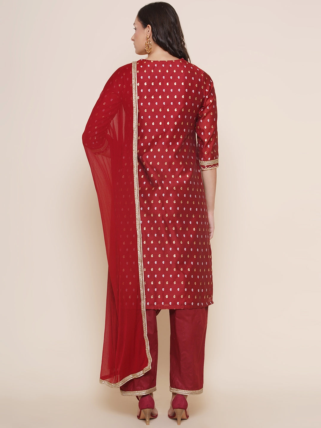 Bhama Couture Maroon Jacquard Booti Straight Kurta & Maroon Solid Palazzos With Dupatta