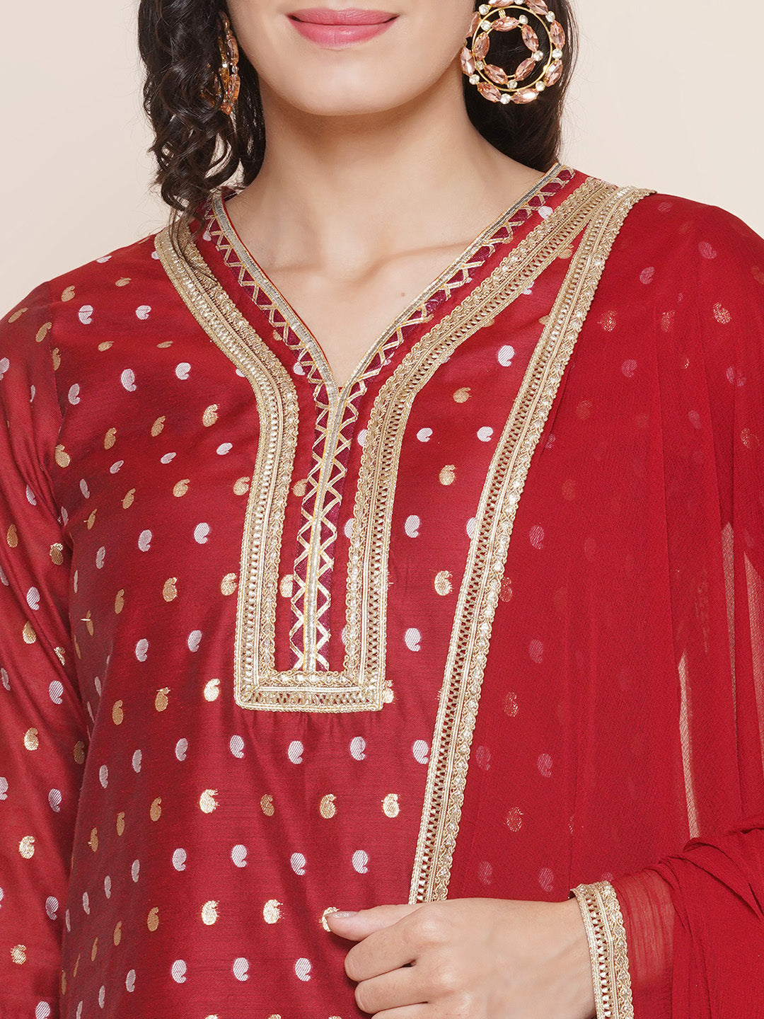 Bhama Couture Maroon Jacquard Booti Straight Kurta & Maroon Solid Palazzos With Dupatta