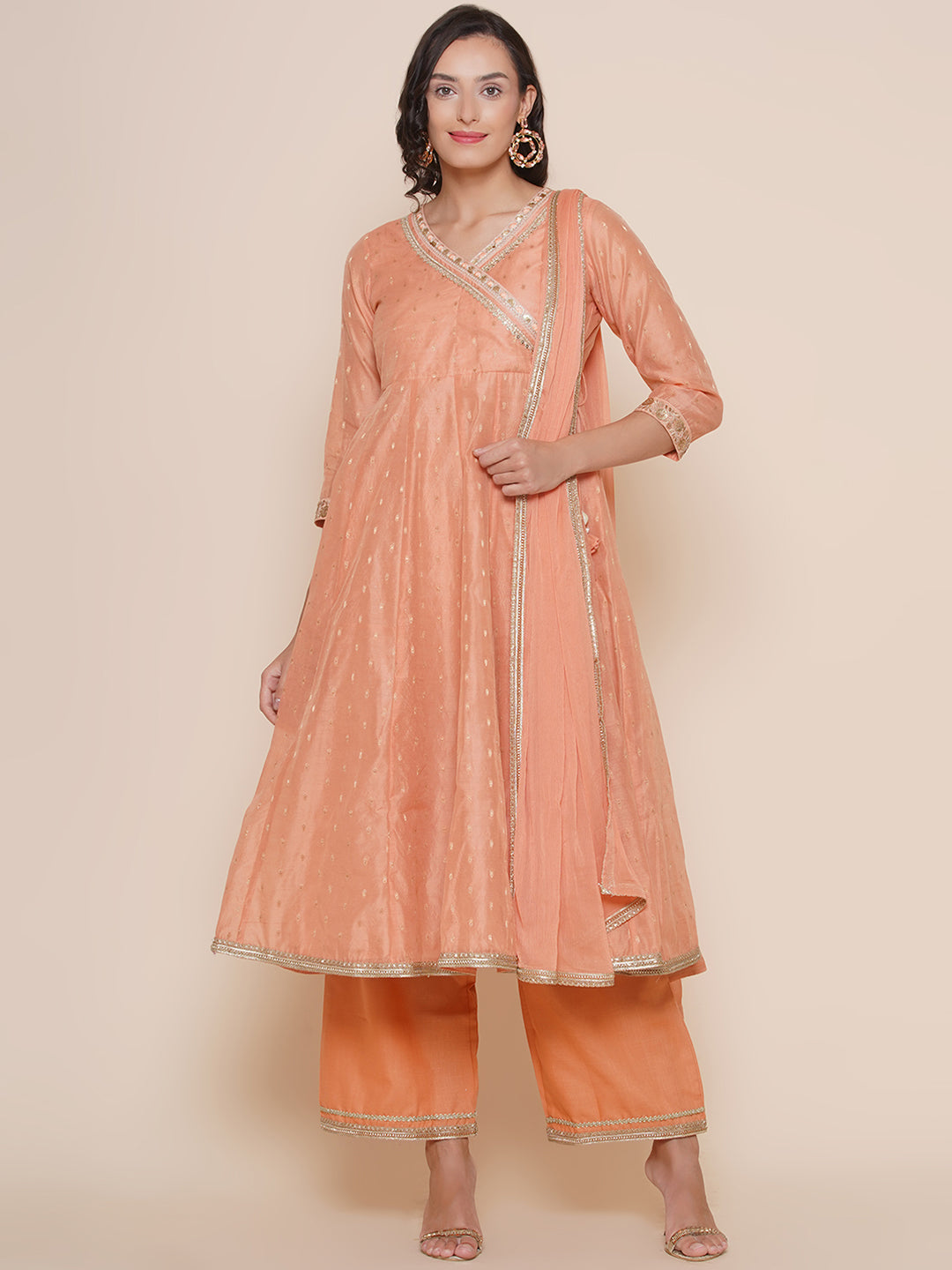 Bhama Couture Peach Self Booti Design Angrakha Style Kurta & Peach Solid Palazzo With Dupatta