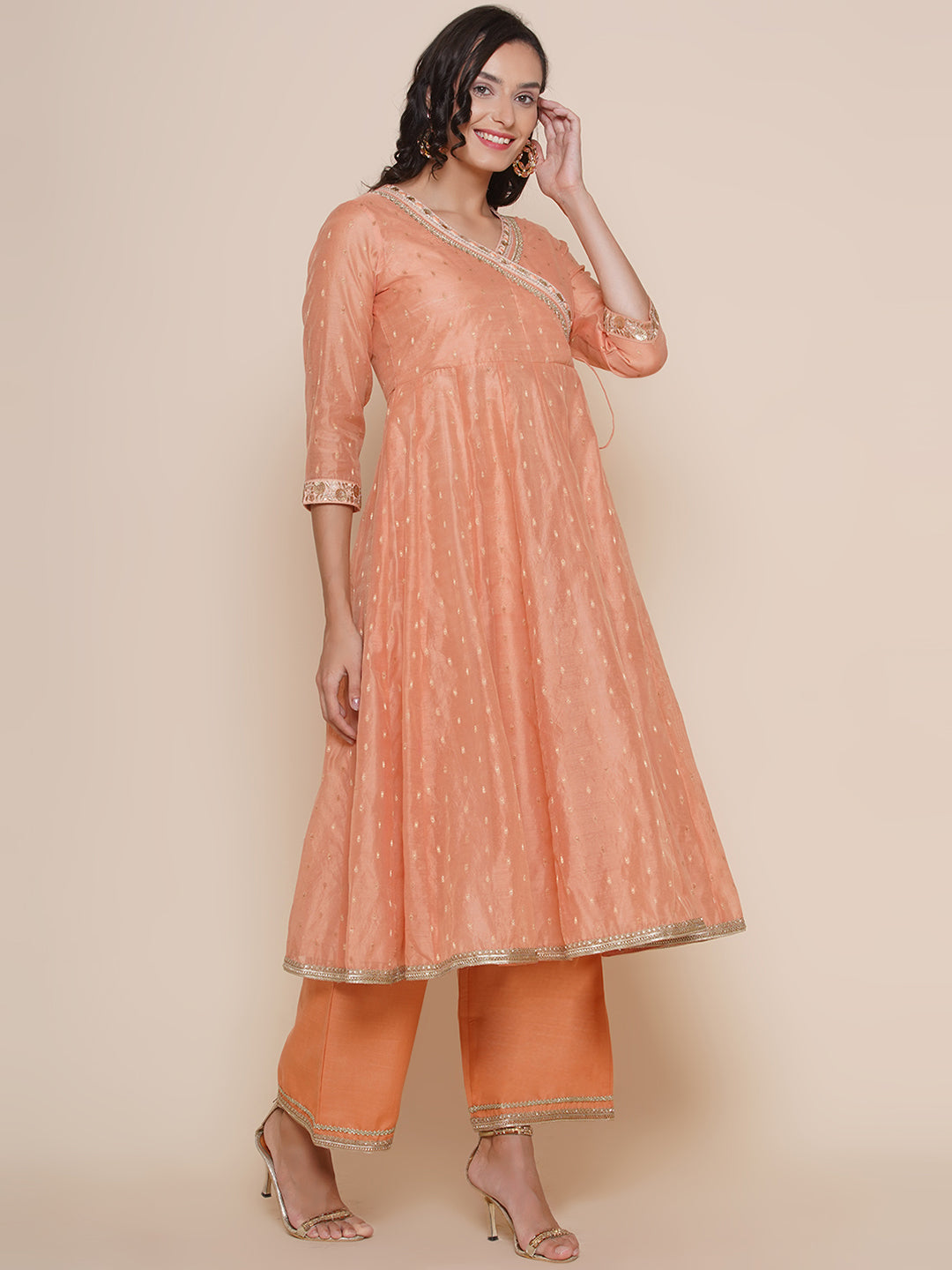 Bhama Couture Peach Self Booti Design Angrakha Style Kurta & Peach Solid Palazzo With Dupatta