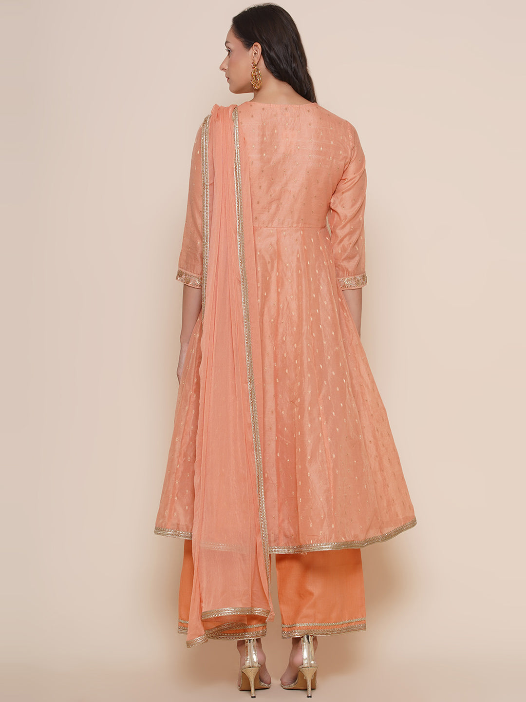 Bhama Couture Peach Self Booti Design Angrakha Style Kurta & Peach Solid Palazzo With Dupatta