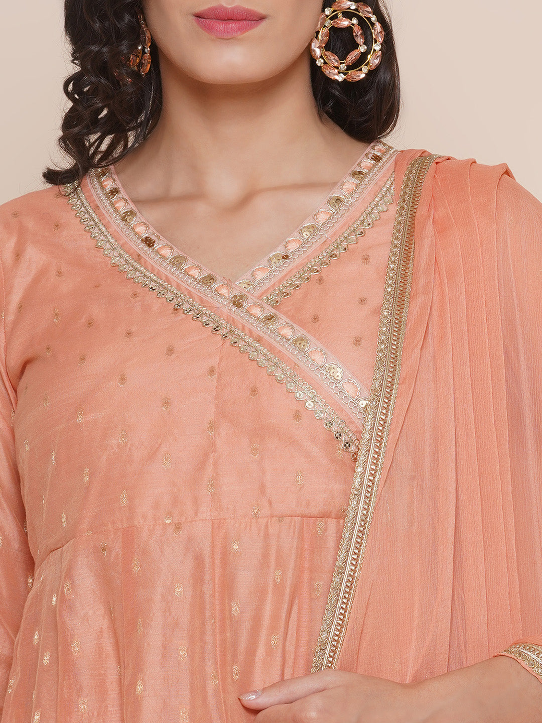 Bhama Couture Peach Self Booti Design Angrakha Style Kurta & Peach Solid Palazzo With Dupatta